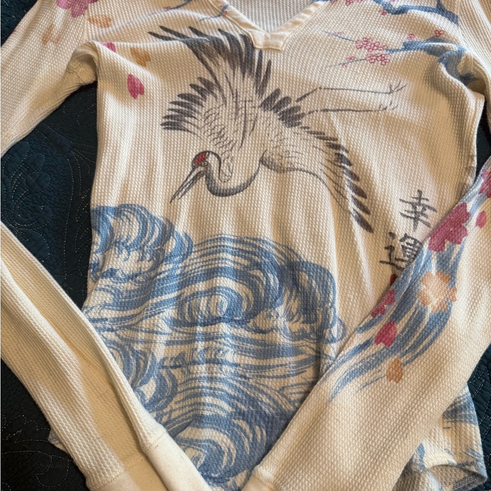 Lucky Brand Cream Long Sleeve Top with Crane and Wave Design
